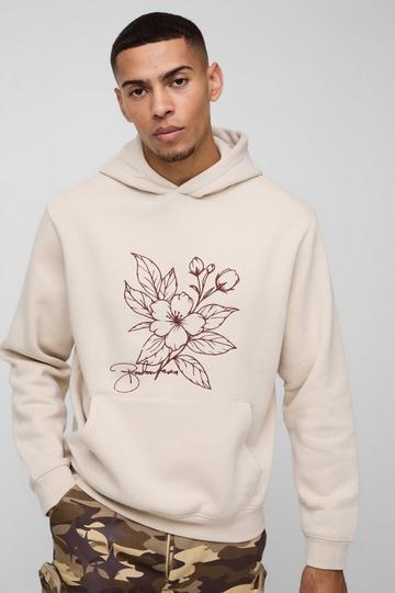 Geborduurde Regular Fit Bloemen Lijntekening Hoodie stone