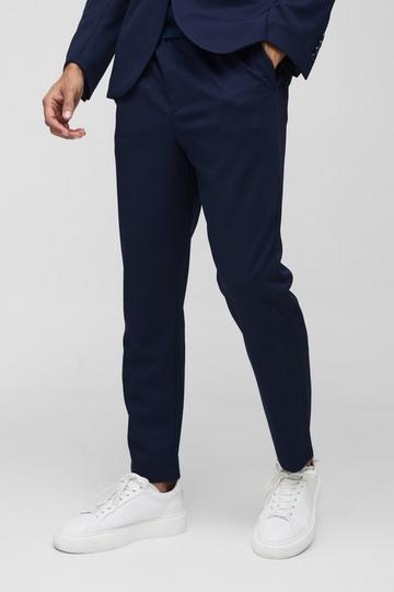 Elastic Waist Textured Tapered Trouser navy