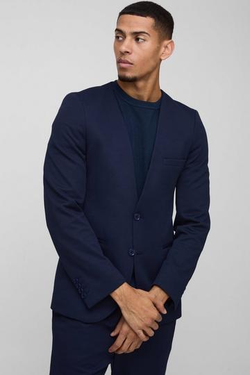 Wafel Gebreide Slim Fit Kraagloze Blazer Met Textuur navy