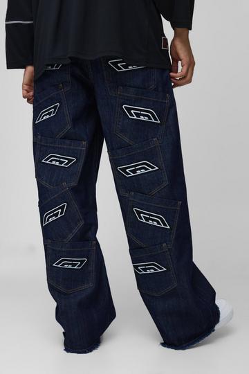 Onbewerkte Geborduurde Indigo Baggy Jeans Met Zakken indigo