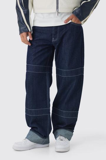 Relaxed Rigid Indigo Contrast Embroidered Strap Turn Up Jeans indigo