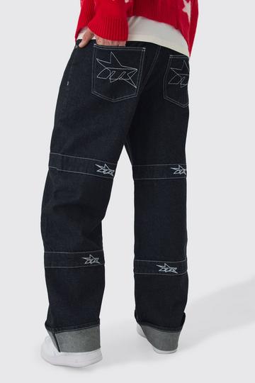 Relaxed Rigid Indigo Contrast Embroidered Strap Jeans black