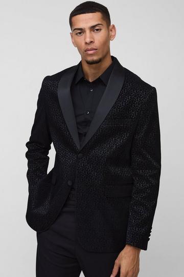 Black Straight Fit Floral Velour Blazer