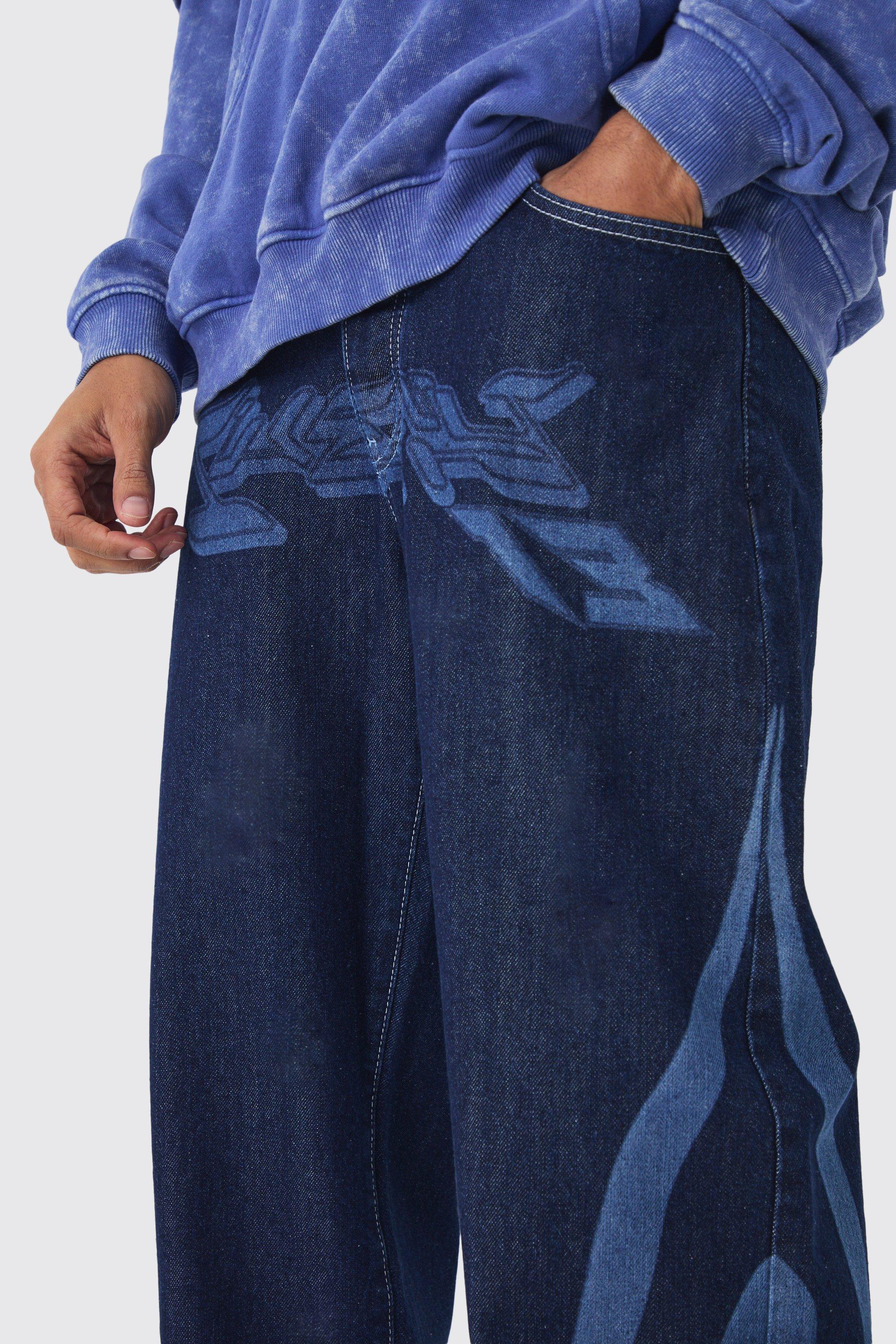 Relaxed Rigid Indigo Laser Print Moto Jeans boohoo