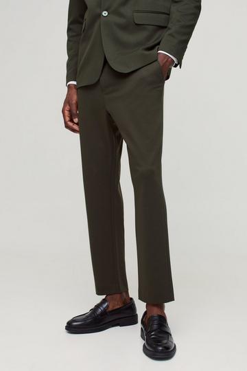 Olive Green Fixed Waist Jersey Tapered Tailored Trousers