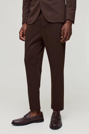 Brown Fixed Waist Jersey Tapered Tailored Trousers