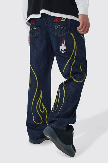 Relaxed Rigid Moto Applique Flame Indigo Jeans indigo