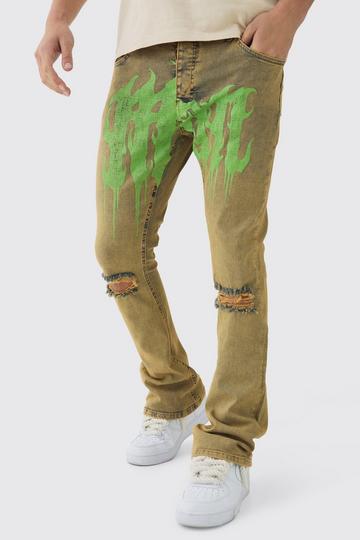 Skinny Flared Ripped Knee Gothic Print Jeans vintage wash