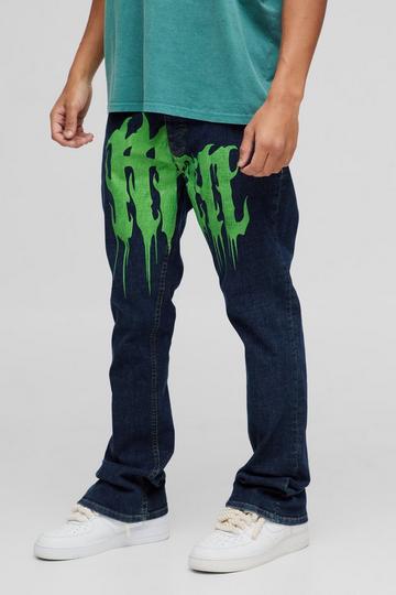 Green Skinny Flared Ripped Knee Gothic Print Jeans