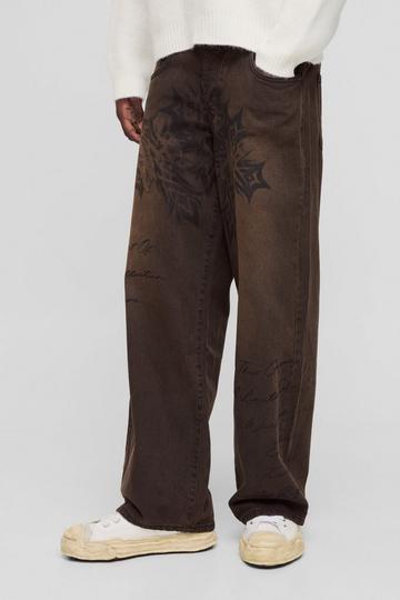 Baggy Rigid Script Gothic Printed Brown Tint Jeans light brown