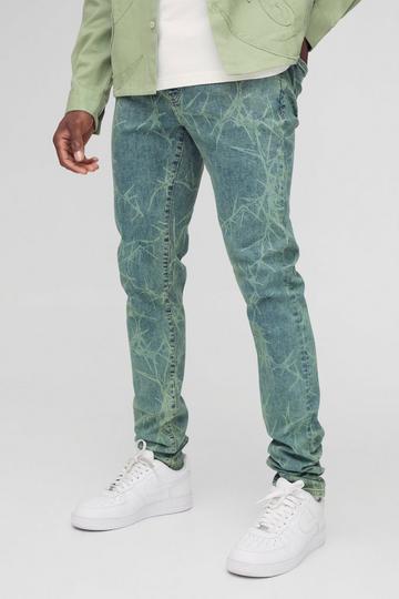 Skinny Stretch Stacked Barbed Wire Laser Print Jeans antique blue