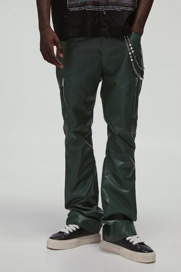 Green PU Fixed Waist Slim Flare Zip Trousers