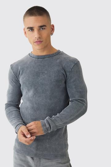 Muscle Fit Washed Rib Long Sleeve Man Embroidered T-shirt charcoal