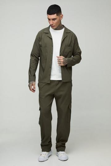 Tall Stretch Utility Pocket Shirt and Cargo Trouser Set in Khaki khaki