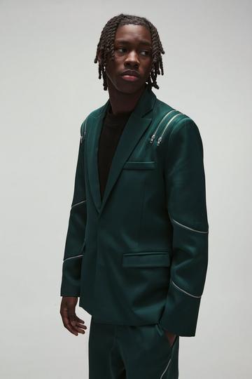 Green Slim Fit Multi Zip Detail Blazer