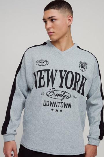 Oversized V Neck Contrast Panel New York Sweatshirt grey marl