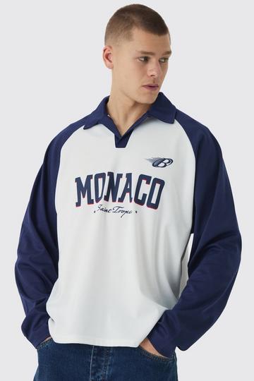 Oversized Contrast Long Sleeve Raglan Revere Monaco Print Polo white