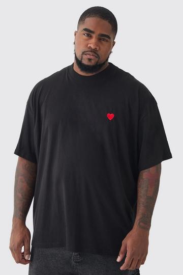 Plus Oversized Extended Neck Heart Embroidered T-Shirt black