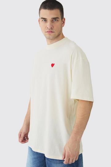 Tall Oversized Extended Neck Heart Embroidered T-Shirt ecru