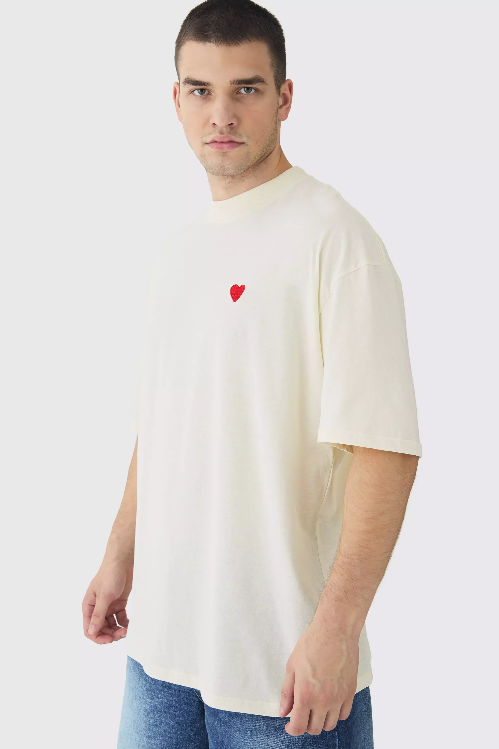 Ecru Tall Oversized Extended Neck Heart Embroidered T-Shirt alternative image