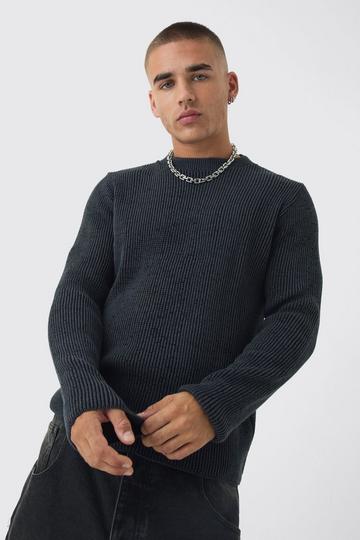 Black Regular Crew Neck Plated Ribbed Knit Jumper