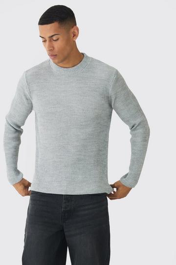 Grey Regular Crew Neck Plated Ribbed Knit Jumper