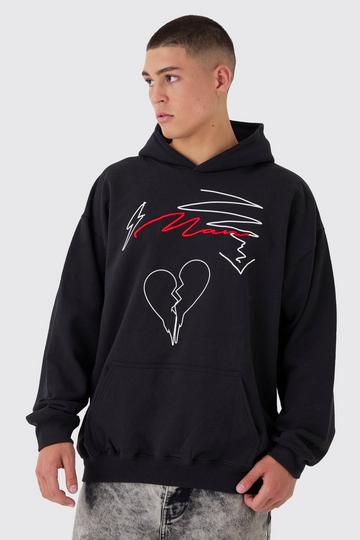 Oversized Doodle Print Man Embroidered Hoodie black