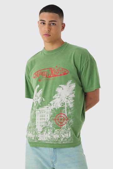 Oversized Washed Miami Nights T-shirt khaki