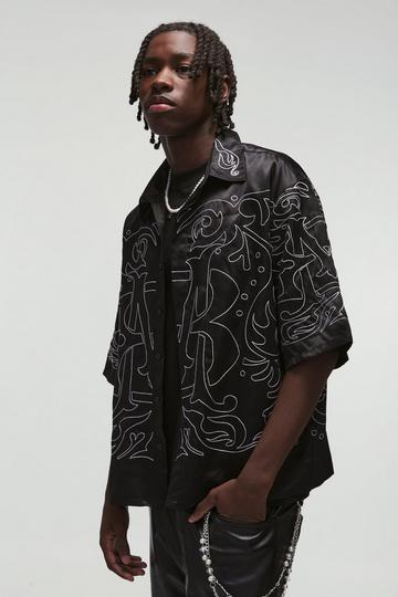 Oversized BM Embroidered Shirt 3/4 Sleeve Print Shirt black