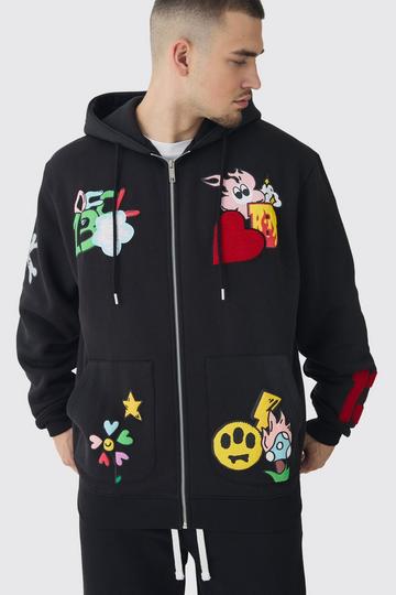 Tall Oversized Zip Through Embroidered Spray Hoodie black