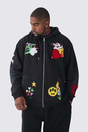 Plus Oversized Zip Through Embroidered Spray Hoodie black