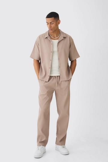 Oversized Short Sleeve Pleated Shirt & Straight Trouser mocha