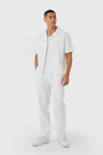 White Oversized Short Sleeve Pleated Shirt & Straight Trouser Set