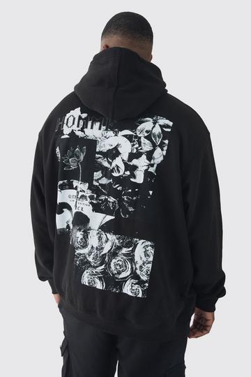 Plus Homme Spliced Floral Graphic Oversized Hoodie black