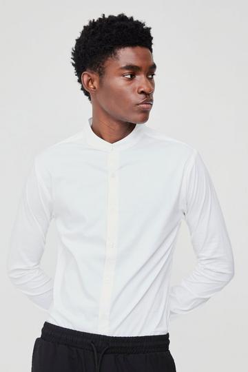 Long Sleeve Grandad Collar Stretch Fit Shirt white