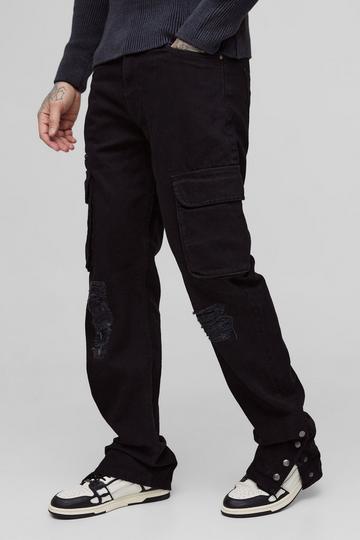 Tall Straight Fit Rip & Repair Popper Hem Cargo Jeans black