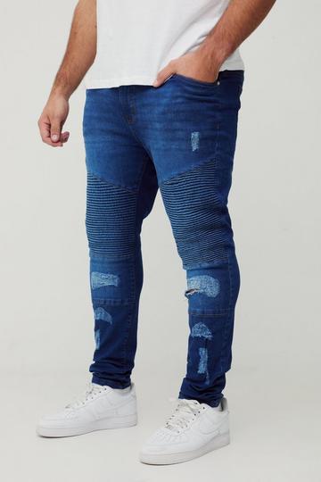 Blue Plus Super Skinny Busted Knee Biker Jeans