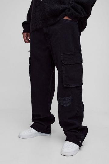 Plus Straight Fit Rip & Repair Popper Hem Cargo Jeans black