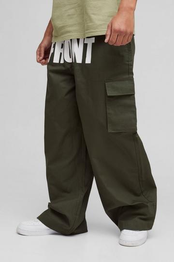 Khaki Elasticated Waist Parachute Ripstop 'FRONT BACK' Cargo Trousers