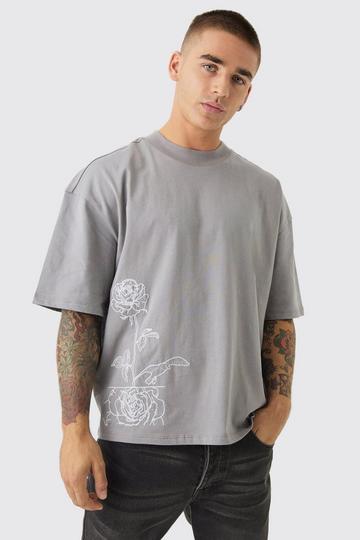 Oversized Boxy Rozen T-Shirt Met Lijntekening grey