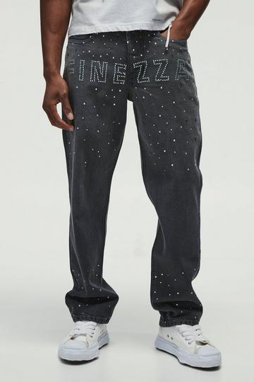 Rhinestone Studded Slogan Straight Fit Jeans mid grey