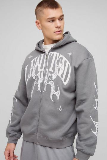 Charcoal Grey Oversized Zip Through Limited Graphic Hoodie