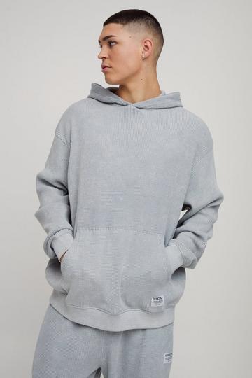 Grey Oversized Acid Wash Heavy Waffle Hoodie with Woven Tab