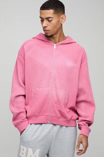 Oversized Spray Wash Heavy Waffle Embroidered Zip Through Hoodie pink