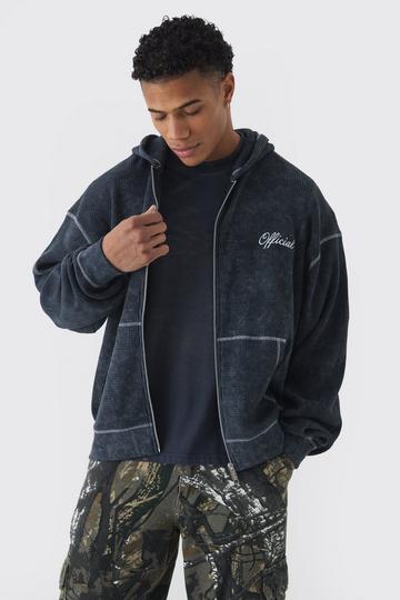 Oversized Boxy Contrast Stitch Acid Wash Heavy Waffle Zip Through Hoodie black