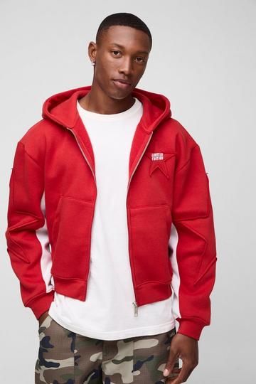 Red Shrunken Star Applique Zip Through Hoodie