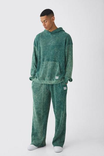 Oversized Acid Wash Heavy Waffle Hooded Tracksuit With Woven Tab khaki