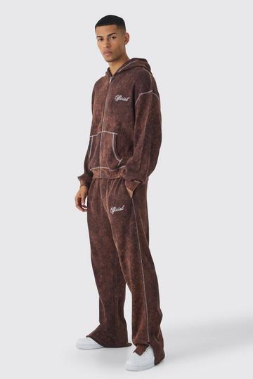 Oversized Boxy Contrast Stitch Acid Wash Heavy Waffle Zip Through Hooded Tracksuit chocolate