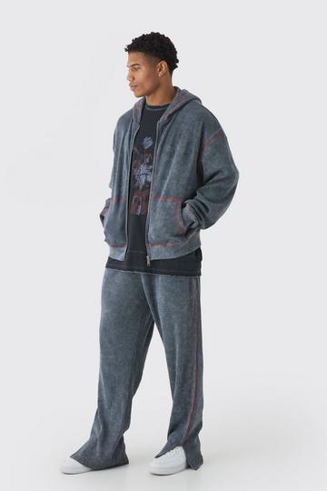 Oversized Boxy Contrast Stitch Acid Wash Heavy Waffle Zip Through Hooded Tracksuit charcoal