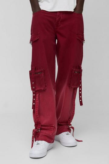 Relaxed Overdye Strap Cargo Trousers burgundy